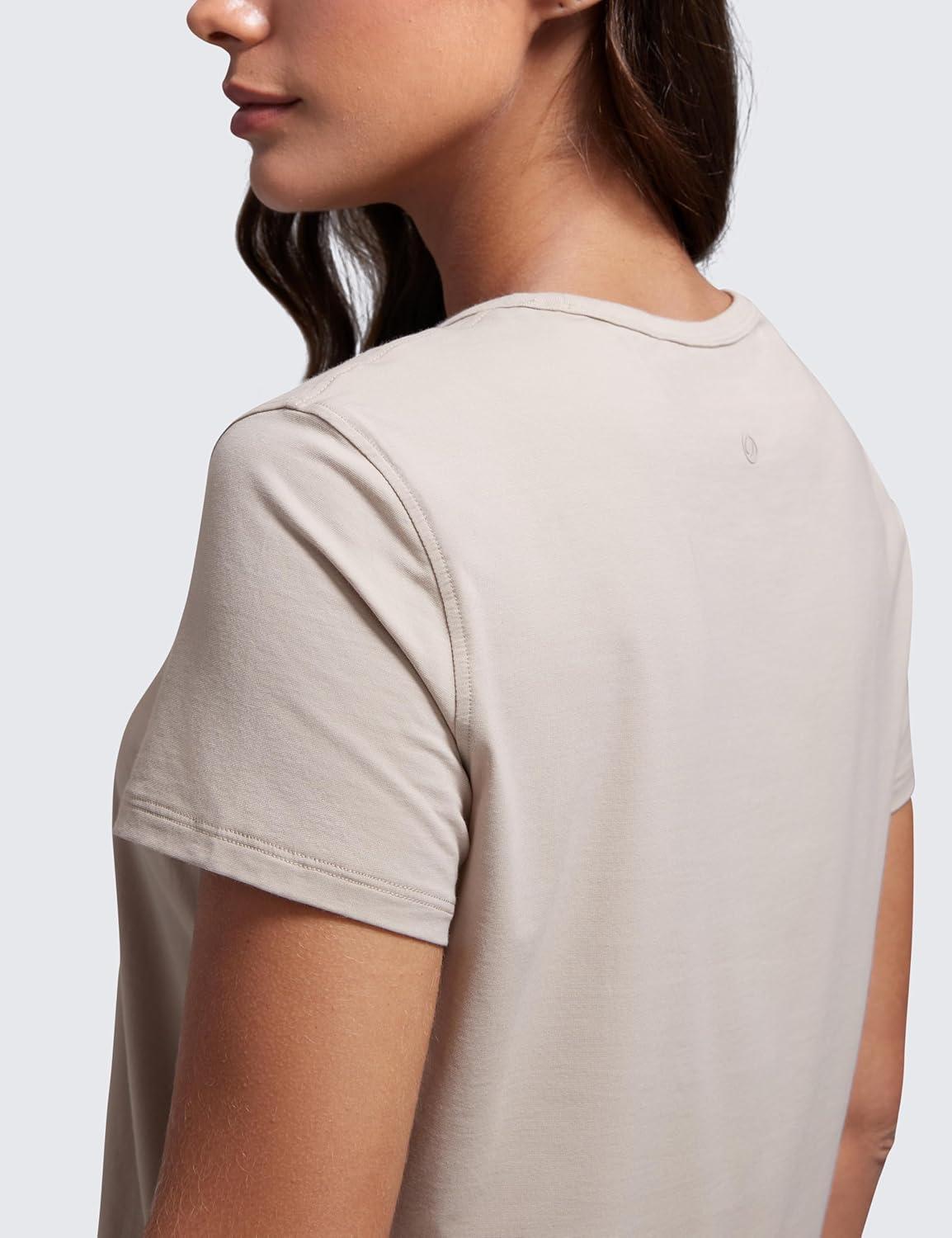 imageCRZ YOGA Womens Pima Cotton Short Sleeve Crop Tops High Neck Cropped Workout Shirts Yoga Athletic Casual TShirtMojave Tan