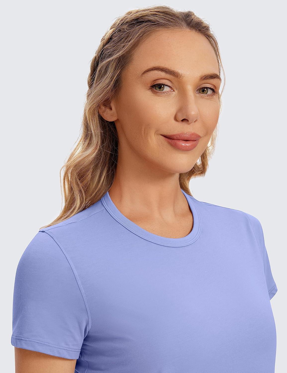imageCRZ YOGA Womens Pima Cotton Short Sleeve Crop Tops High Neck Cropped Workout Shirts Yoga Athletic Casual TShirtPeriwinkle Purple