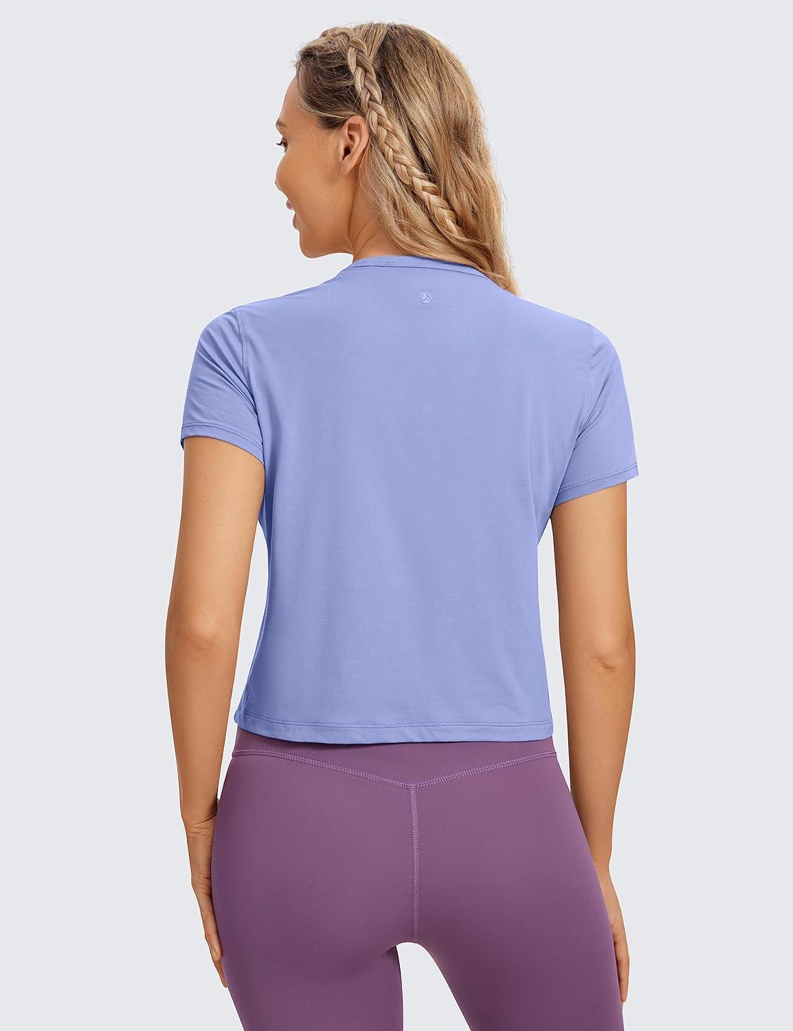 imageCRZ YOGA Womens Pima Cotton Short Sleeve Crop Tops High Neck Cropped Workout Shirts Yoga Athletic Casual TShirtPeriwinkle Purple