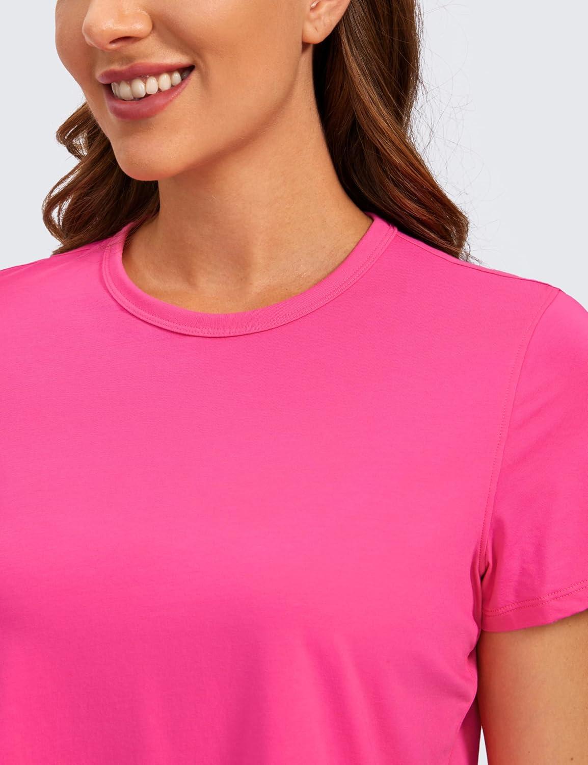 imageCRZ YOGA Womens Pima Cotton Short Sleeve Crop Tops High Neck Cropped Workout Shirts Yoga Athletic Casual TShirtSonic Pink