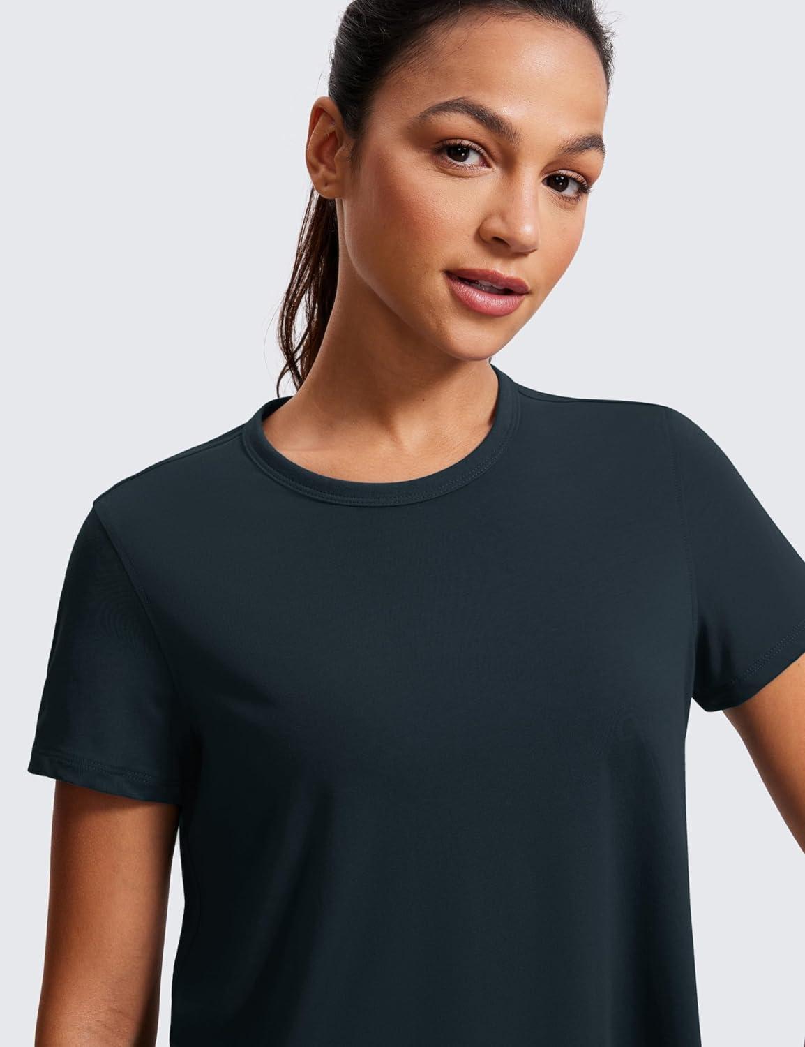 imageCRZ YOGA Womens Pima Cotton Short Sleeve Crop Tops High Neck Cropped Workout Shirts Yoga Athletic Casual TShirtTrue Navy