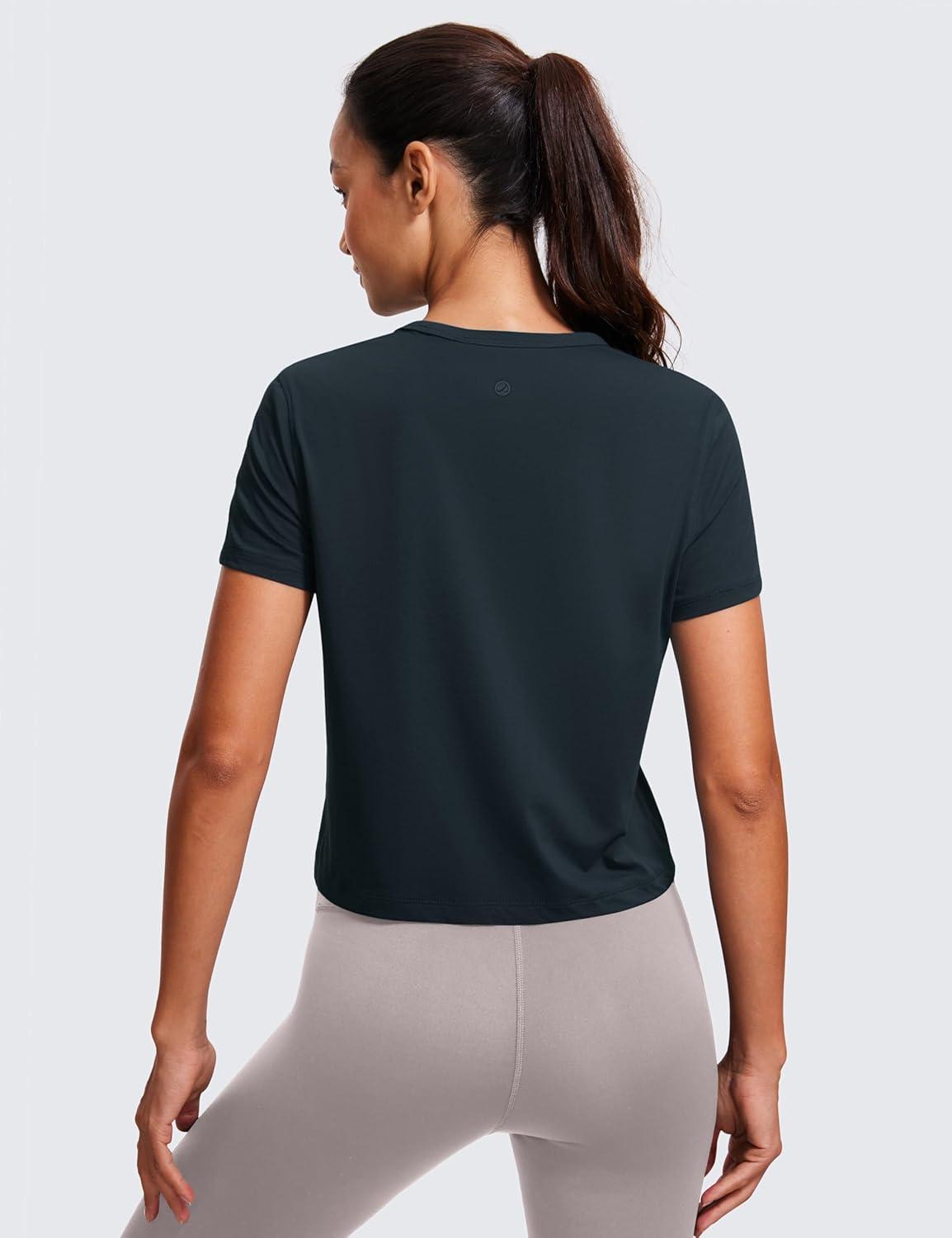 imageCRZ YOGA Womens Pima Cotton Short Sleeve Crop Tops High Neck Cropped Workout Shirts Yoga Athletic Casual TShirtTrue Navy