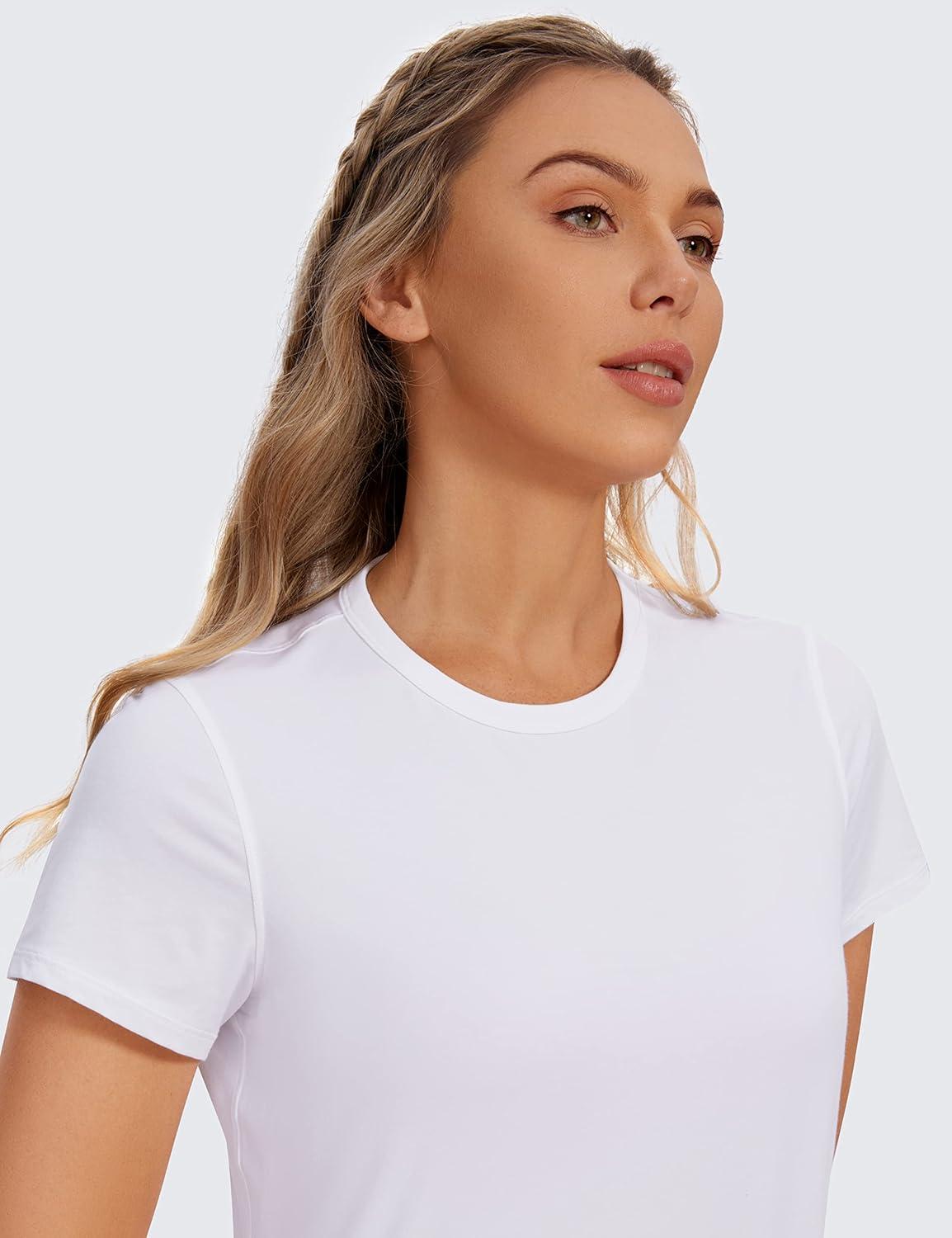 imageCRZ YOGA Womens Pima Cotton Short Sleeve Crop Tops High Neck Cropped Workout Shirts Yoga Athletic Casual TShirtWhite
