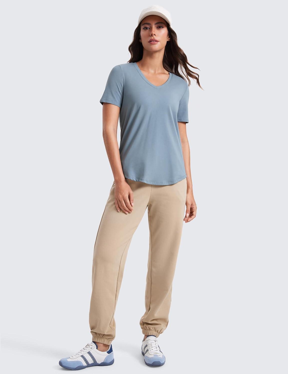 imageCRZ YOGA Womens Pima Cotton V Neck TShirt Short Sleeve Casual Workout Shirts Soft Summer Basic Tee TopsBelgian Blue