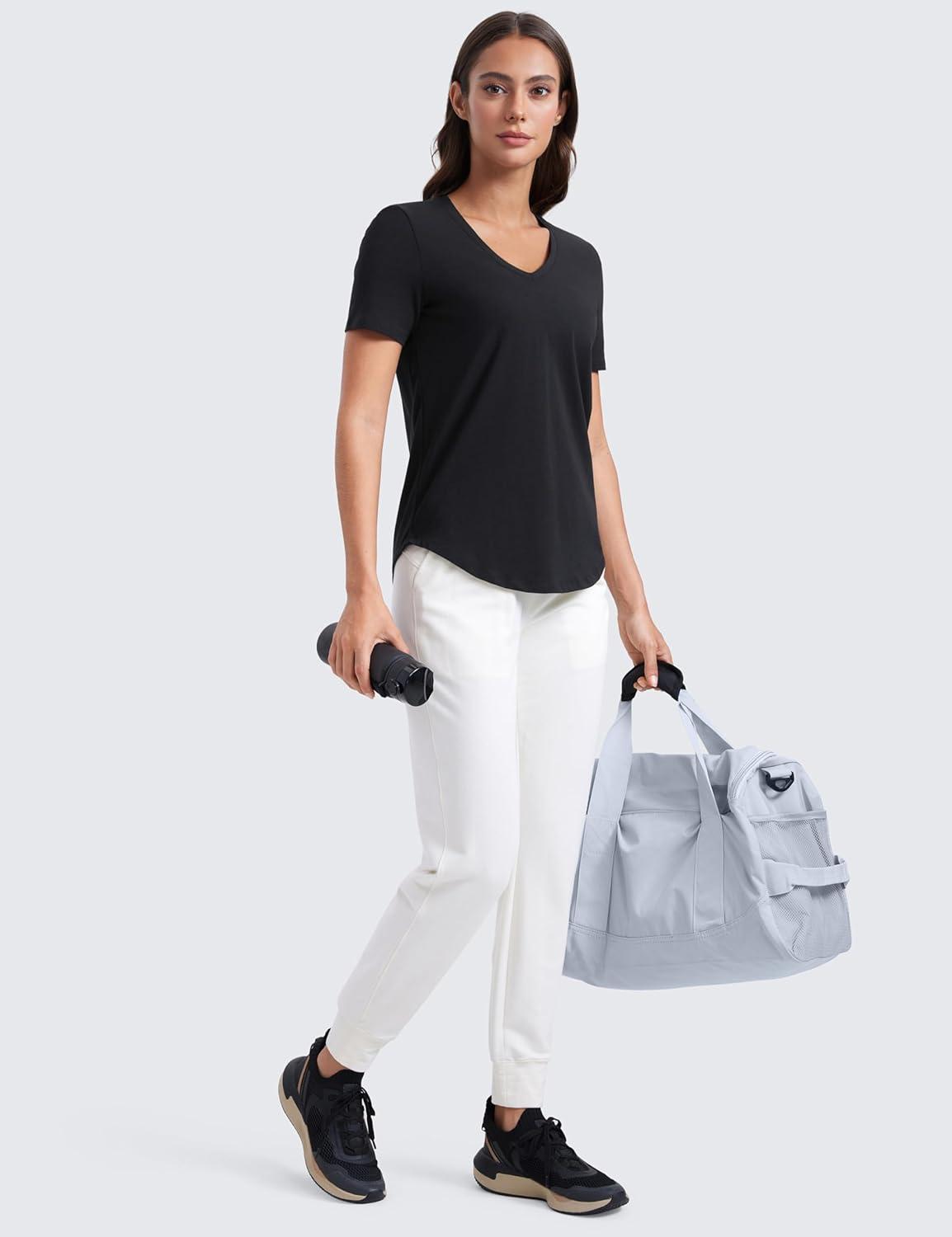 imageCRZ YOGA Womens Pima Cotton V Neck TShirt Short Sleeve Casual Workout Shirts Soft Summer Basic Tee TopsBlack