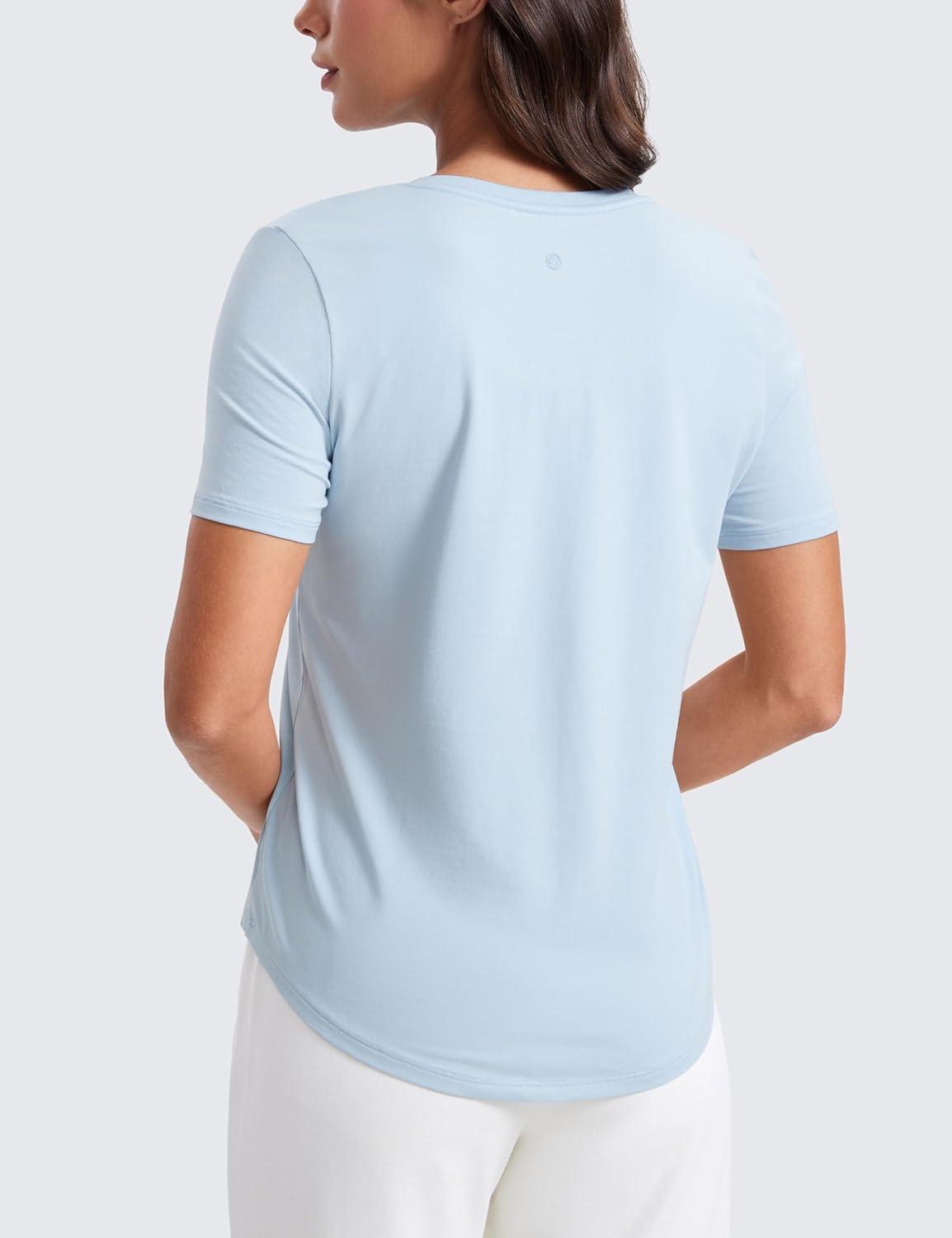 imageCRZ YOGA Womens Pima Cotton V Neck TShirt Short Sleeve Casual Workout Shirts Soft Summer Basic Tee TopsBlue Linen