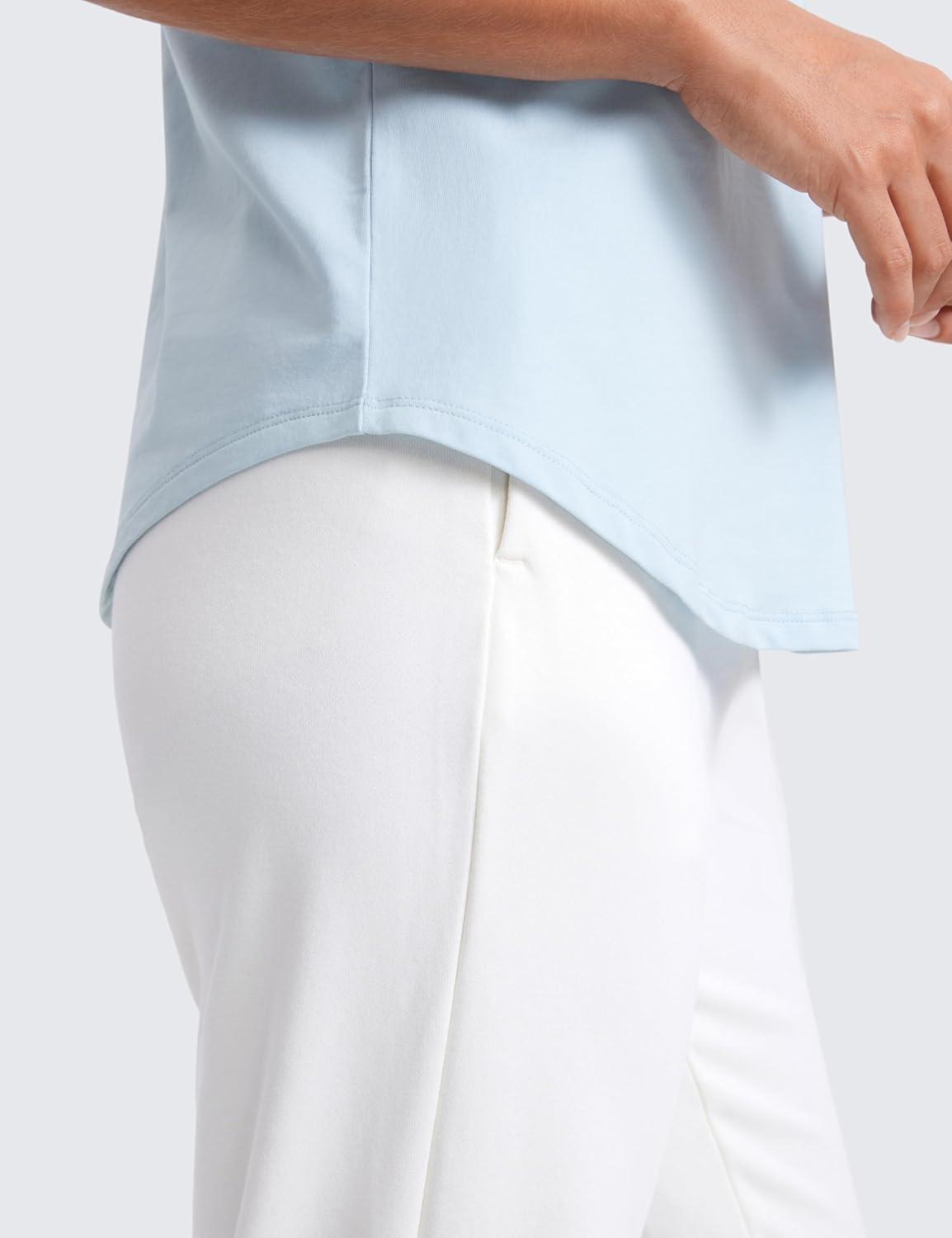 imageCRZ YOGA Womens Pima Cotton V Neck TShirt Short Sleeve Casual Workout Shirts Soft Summer Basic Tee TopsBlue Linen