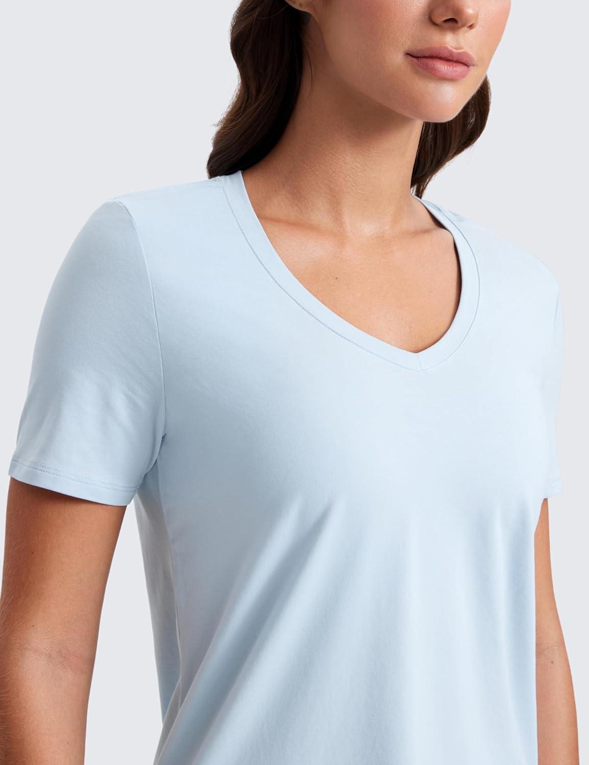 imageCRZ YOGA Womens Pima Cotton V Neck TShirt Short Sleeve Casual Workout Shirts Soft Summer Basic Tee TopsBlue Linen