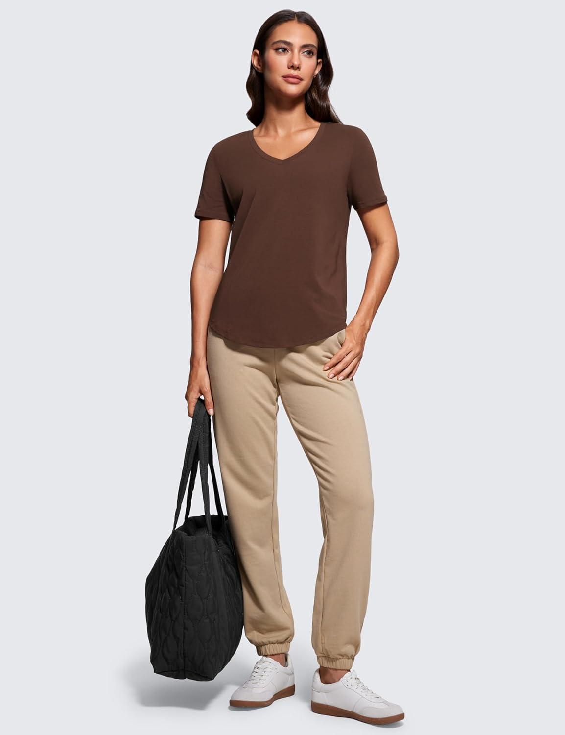 imageCRZ YOGA Womens Pima Cotton V Neck TShirt Short Sleeve Casual Workout Shirts Soft Summer Basic Tee TopsCoffee Brown