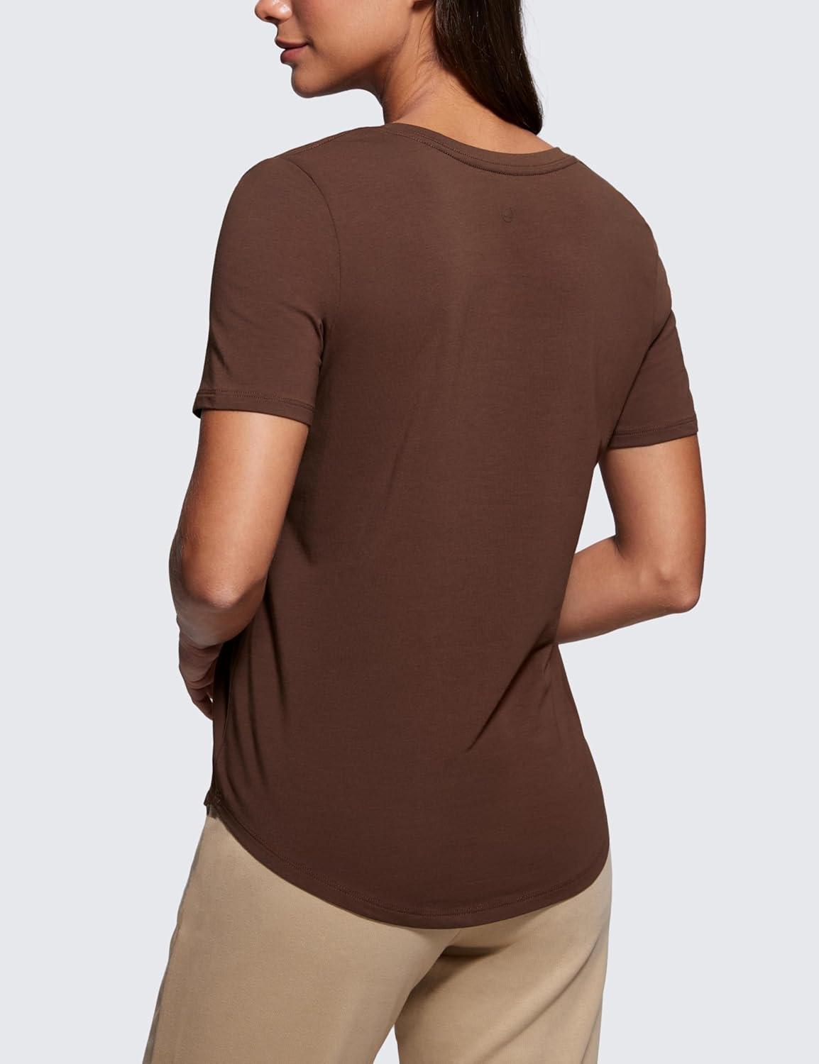 imageCRZ YOGA Womens Pima Cotton V Neck TShirt Short Sleeve Casual Workout Shirts Soft Summer Basic Tee TopsCoffee Brown