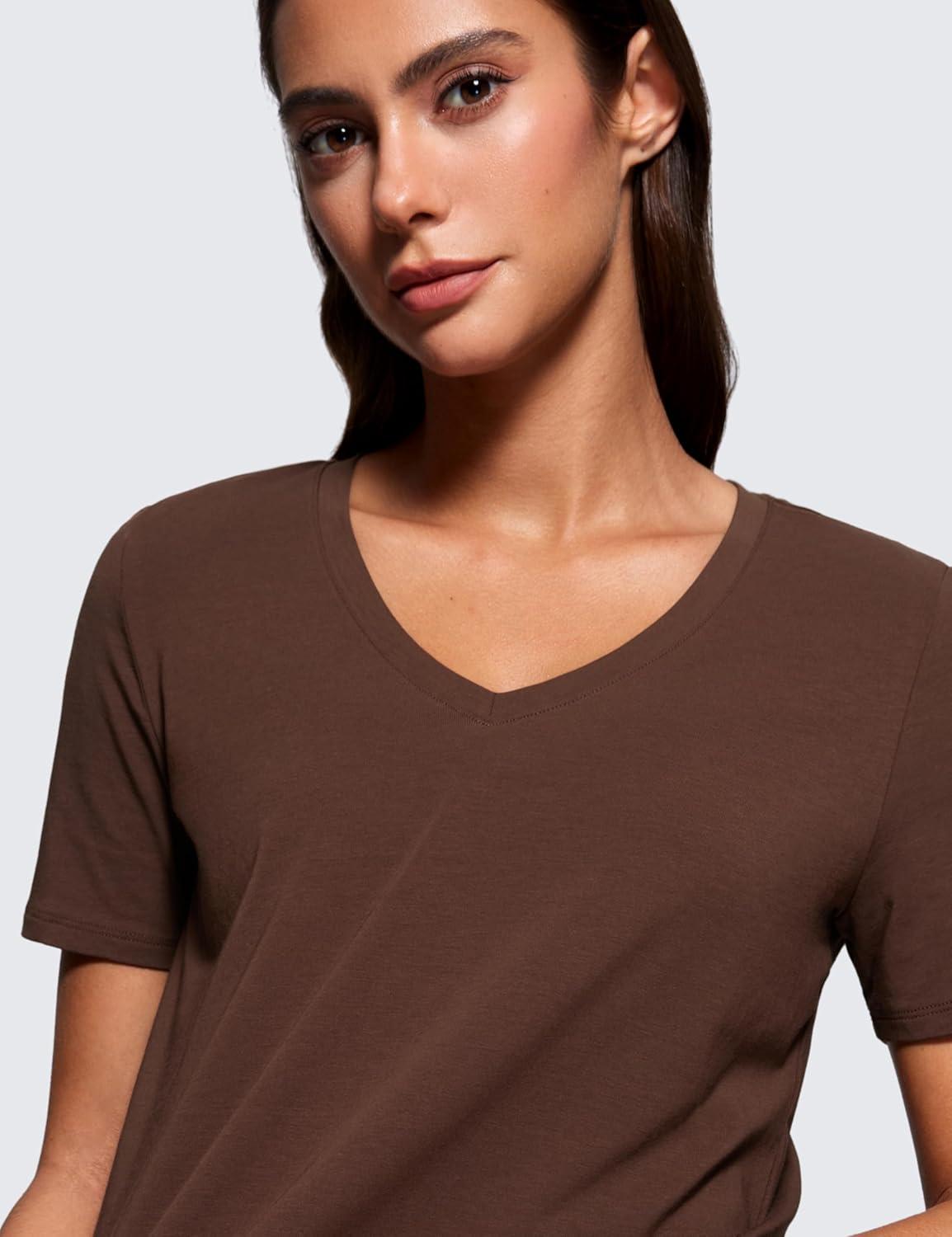 imageCRZ YOGA Womens Pima Cotton V Neck TShirt Short Sleeve Casual Workout Shirts Soft Summer Basic Tee TopsCoffee Brown