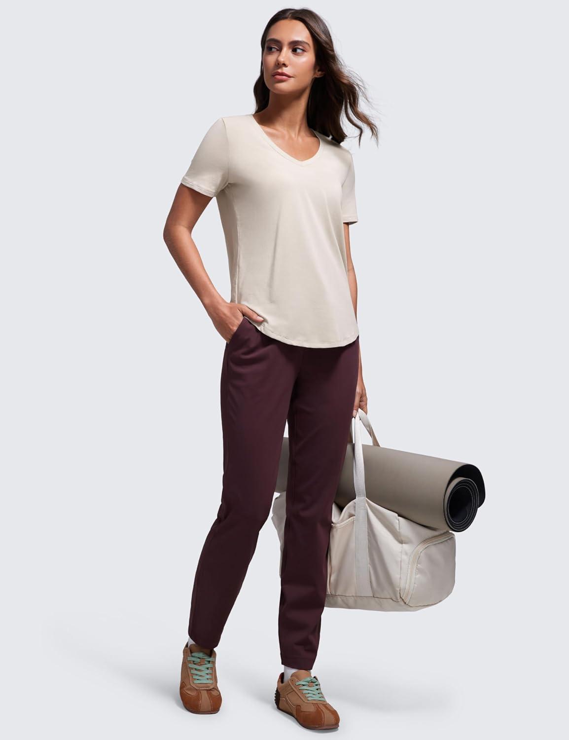 imageCRZ YOGA Womens Pima Cotton V Neck TShirt Short Sleeve Casual Workout Shirts Soft Summer Basic Tee TopsMojave Tan