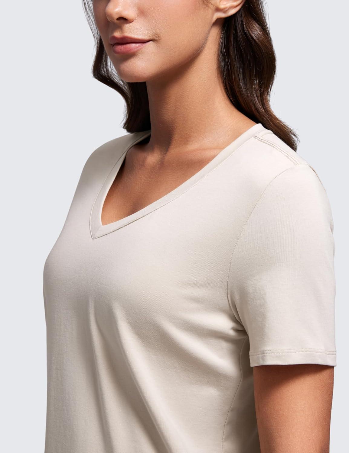 imageCRZ YOGA Womens Pima Cotton V Neck TShirt Short Sleeve Casual Workout Shirts Soft Summer Basic Tee TopsMojave Tan