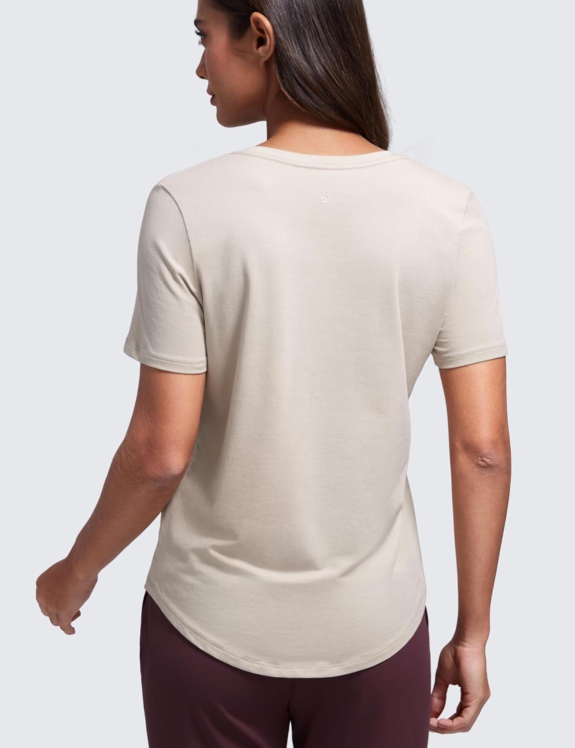 imageCRZ YOGA Womens Pima Cotton V Neck TShirt Short Sleeve Casual Workout Shirts Soft Summer Basic Tee TopsMojave Tan