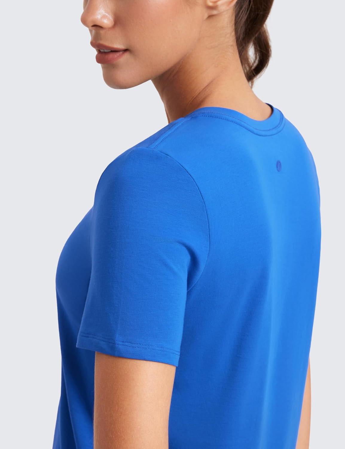 imageCRZ YOGA Womens Pima Cotton V Neck TShirt Short Sleeve Casual Workout Shirts Soft Summer Basic Tee TopsSparkle Blue