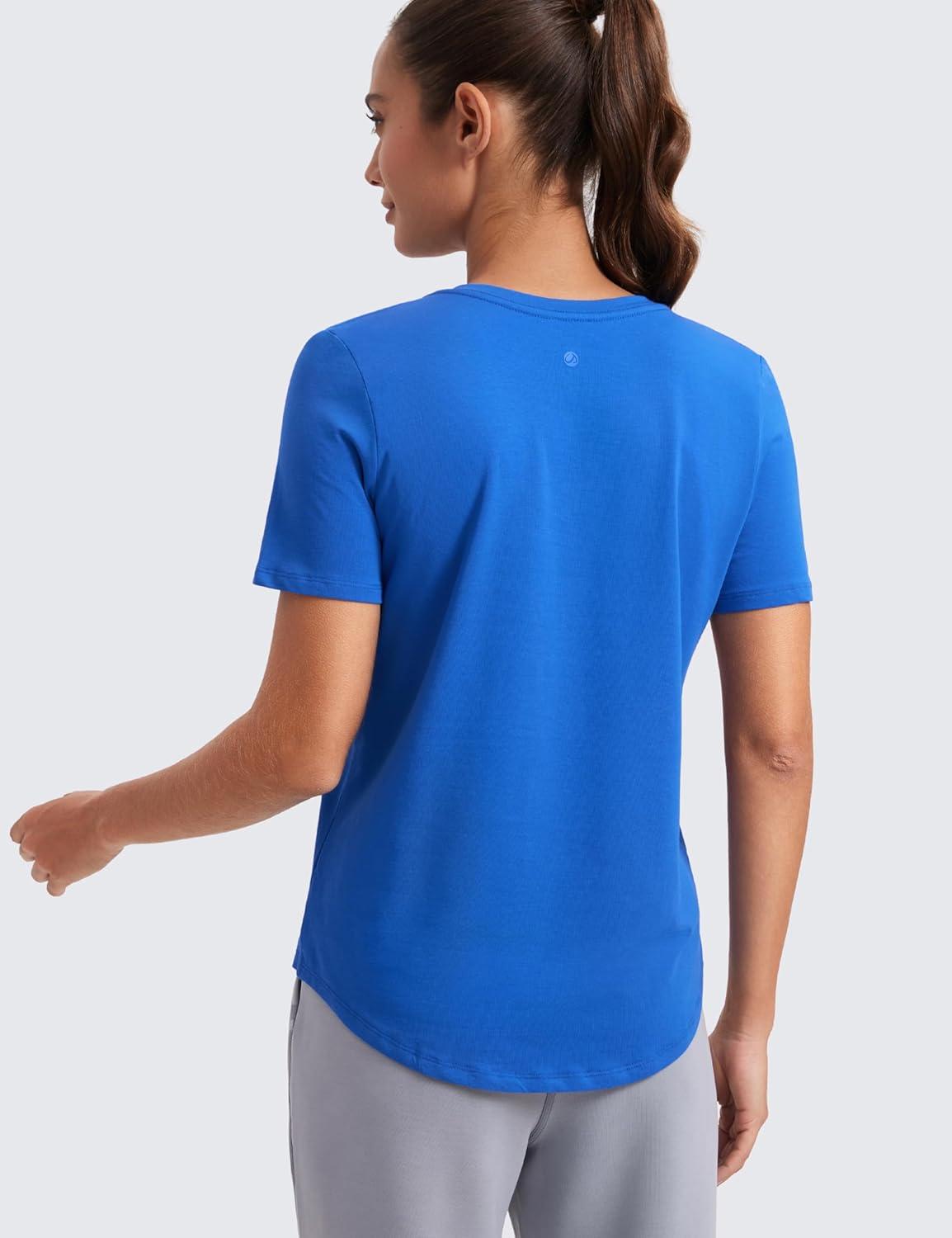imageCRZ YOGA Womens Pima Cotton V Neck TShirt Short Sleeve Casual Workout Shirts Soft Summer Basic Tee TopsSparkle Blue
