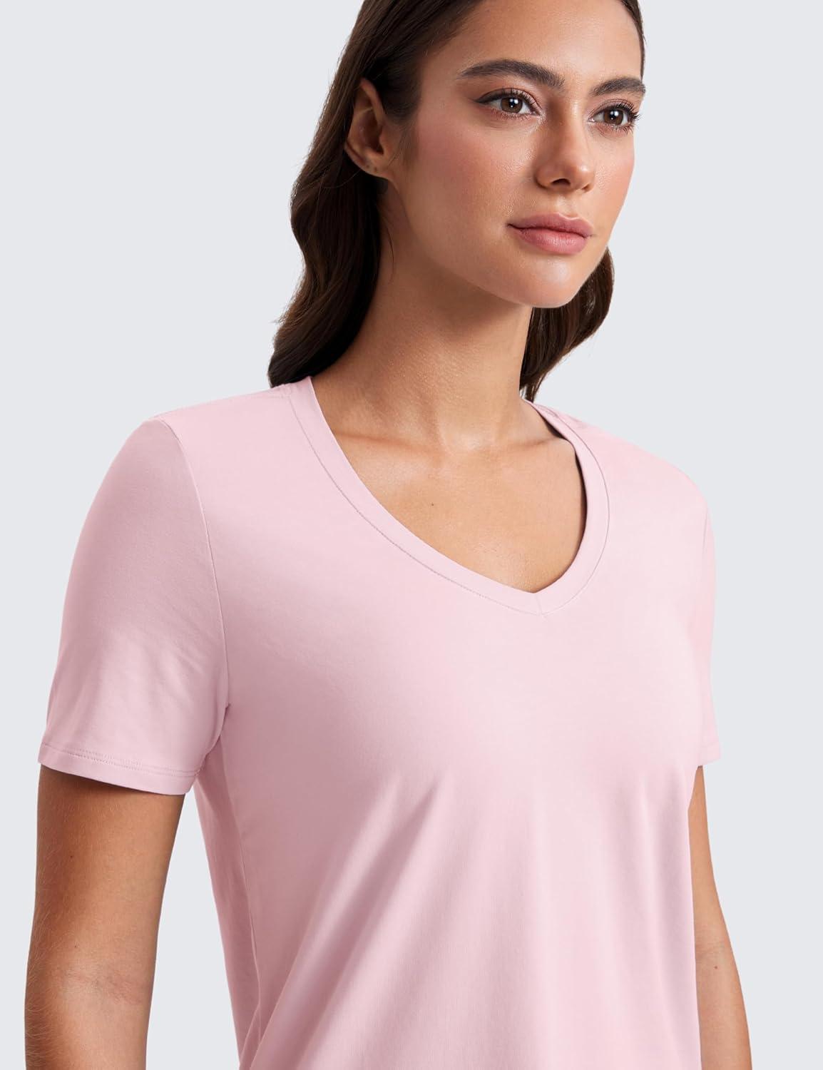 imageCRZ YOGA Womens Pima Cotton V Neck TShirt Short Sleeve Casual Workout Shirts Soft Summer Basic Tee TopsStrawberry Pink