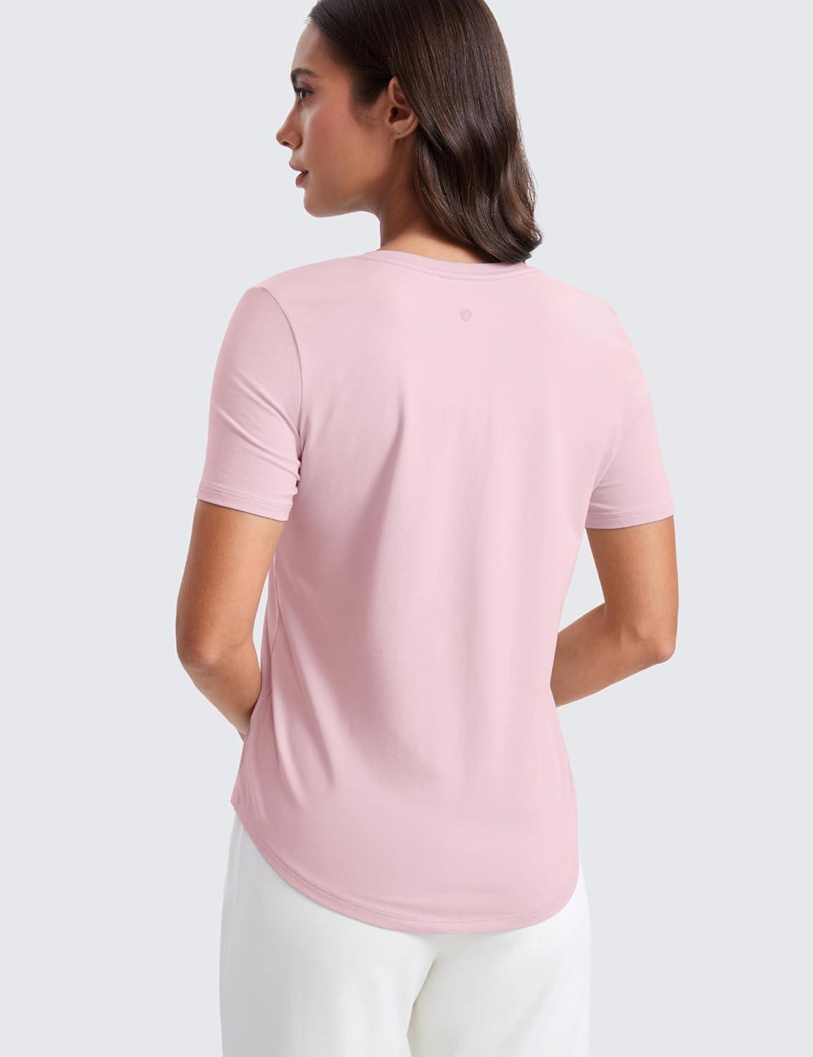 imageCRZ YOGA Womens Pima Cotton V Neck TShirt Short Sleeve Casual Workout Shirts Soft Summer Basic Tee TopsStrawberry Pink