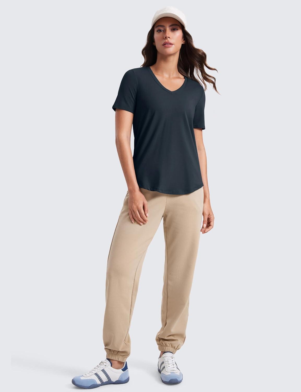 imageCRZ YOGA Womens Pima Cotton V Neck TShirt Short Sleeve Casual Workout Shirts Soft Summer Basic Tee TopsTrue Navy