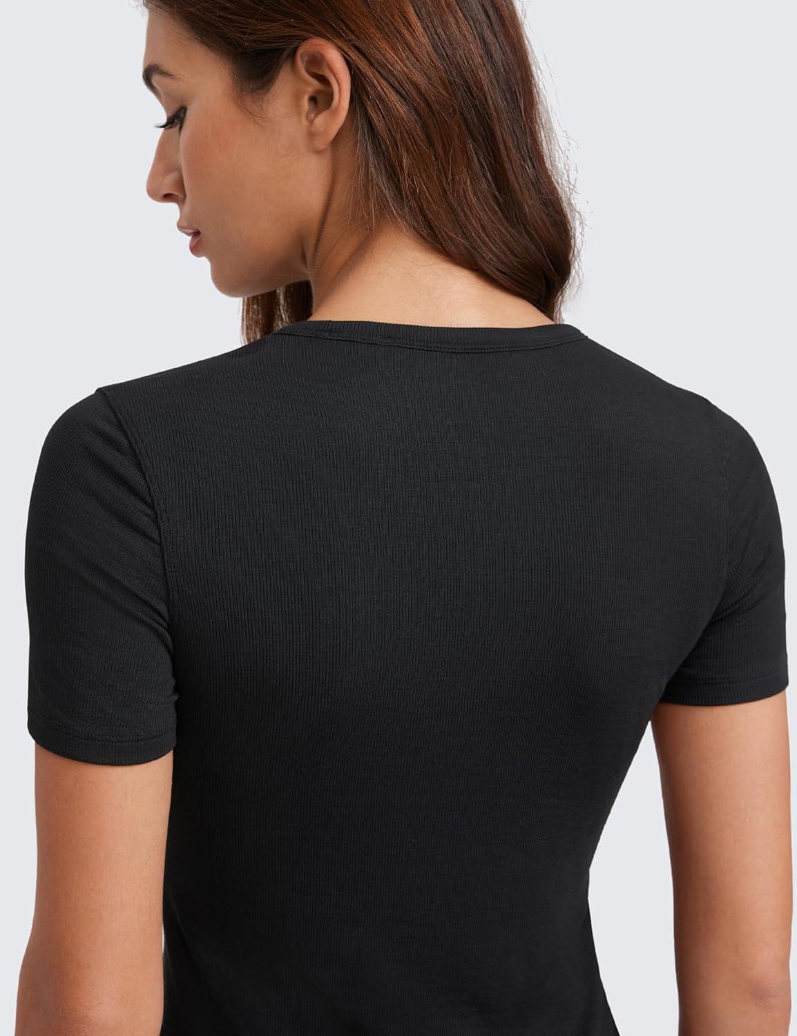 imageCRZ YOGA Womens Ribbed Modal Casual Short Sleeve Crew Neck Basic Shirts Going Out Soft Fitted Stretchy Athletic Workout TopsBlack