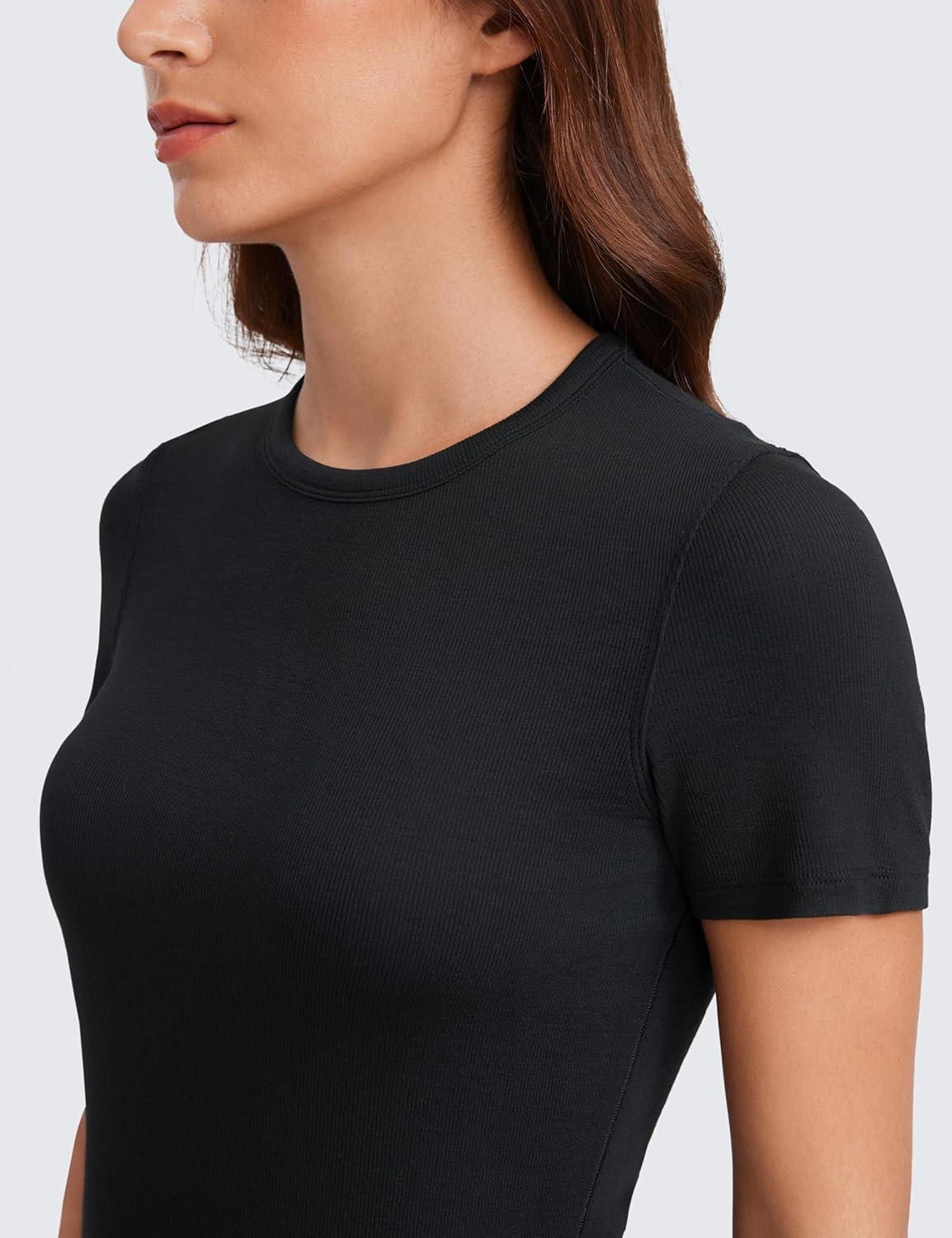 imageCRZ YOGA Womens Ribbed Modal Casual Short Sleeve Crew Neck Basic Shirts Going Out Soft Fitted Stretchy Athletic Workout TopsBlack