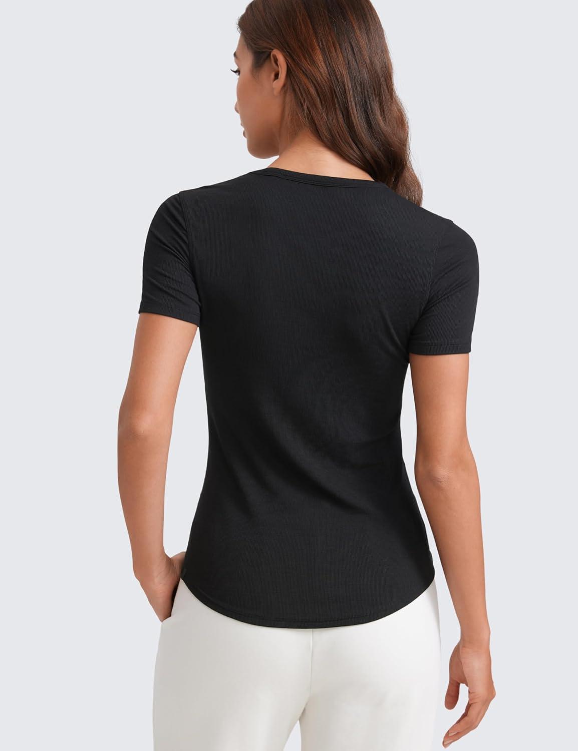 imageCRZ YOGA Womens Ribbed Modal Casual Short Sleeve Crew Neck Basic Shirts Going Out Soft Fitted Stretchy Athletic Workout TopsBlack