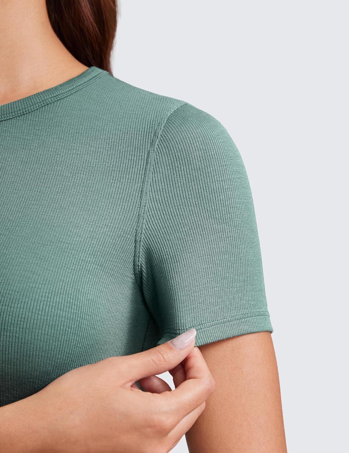 imageCRZ YOGA Womens Ribbed Modal Casual Short Sleeve Crew Neck Basic Shirts Going Out Soft Fitted Stretchy Athletic Workout TopsGraphite Green