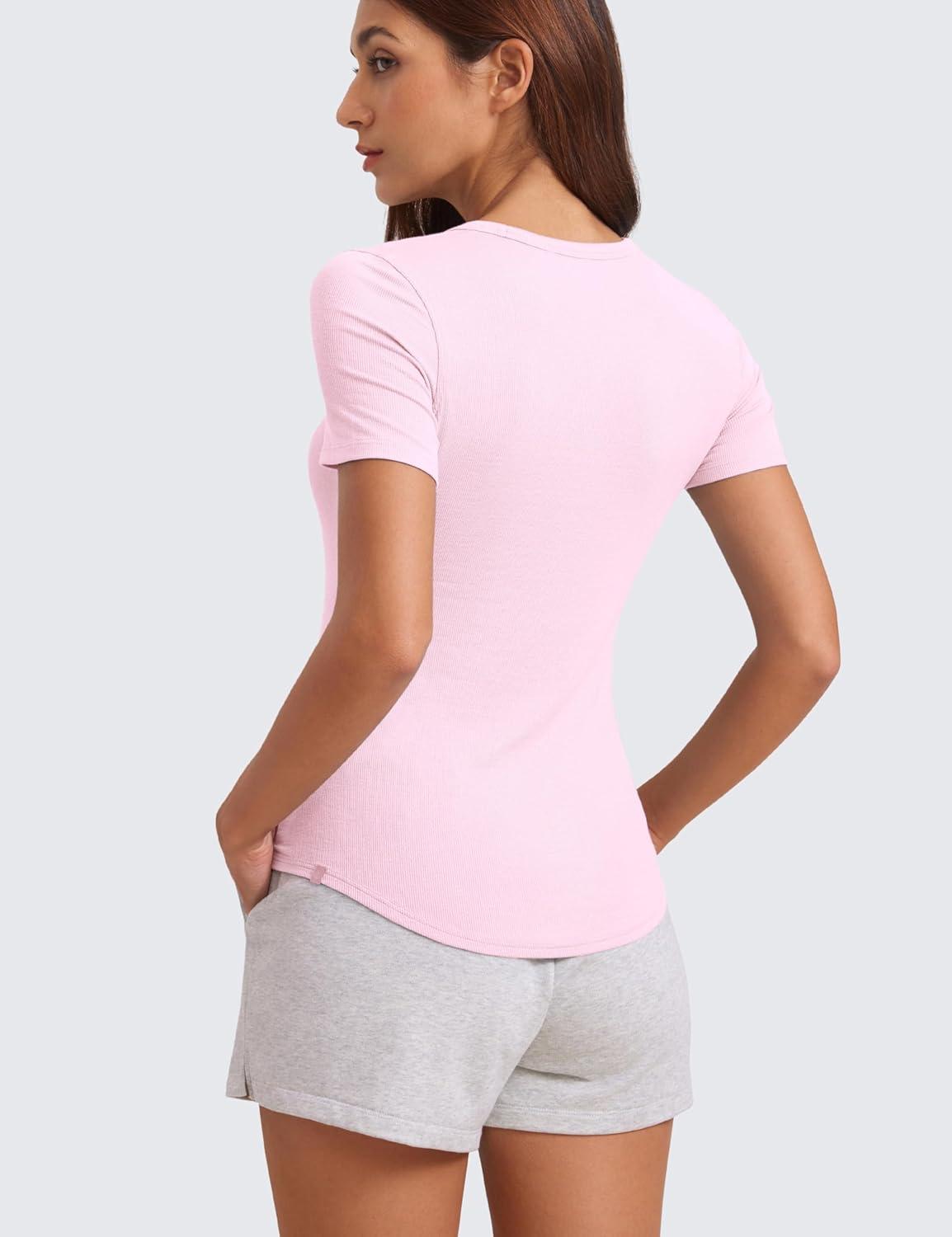 imageCRZ YOGA Womens Ribbed Modal Casual Short Sleeve Crew Neck Basic Shirts Going Out Soft Fitted Stretchy Athletic Workout TopsPink Peony