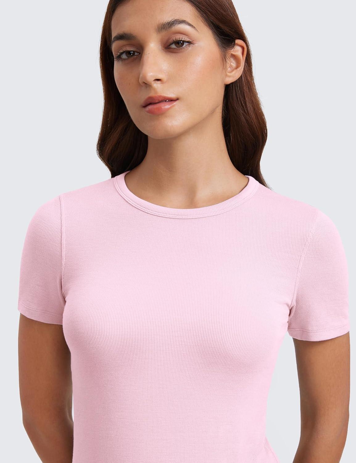 imageCRZ YOGA Womens Ribbed Modal Casual Short Sleeve Crew Neck Basic Shirts Going Out Soft Fitted Stretchy Athletic Workout TopsPink Peony