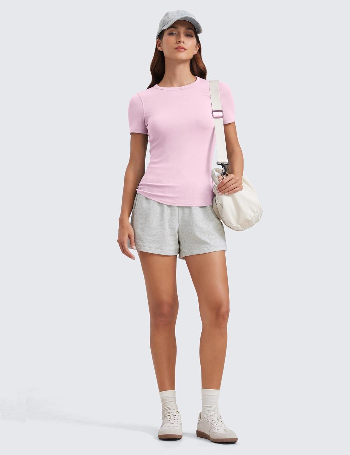 imageCRZ YOGA Womens Ribbed Modal Casual Short Sleeve Crew Neck Basic Shirts Going Out Soft Fitted Stretchy Athletic Workout TopsPink Peony