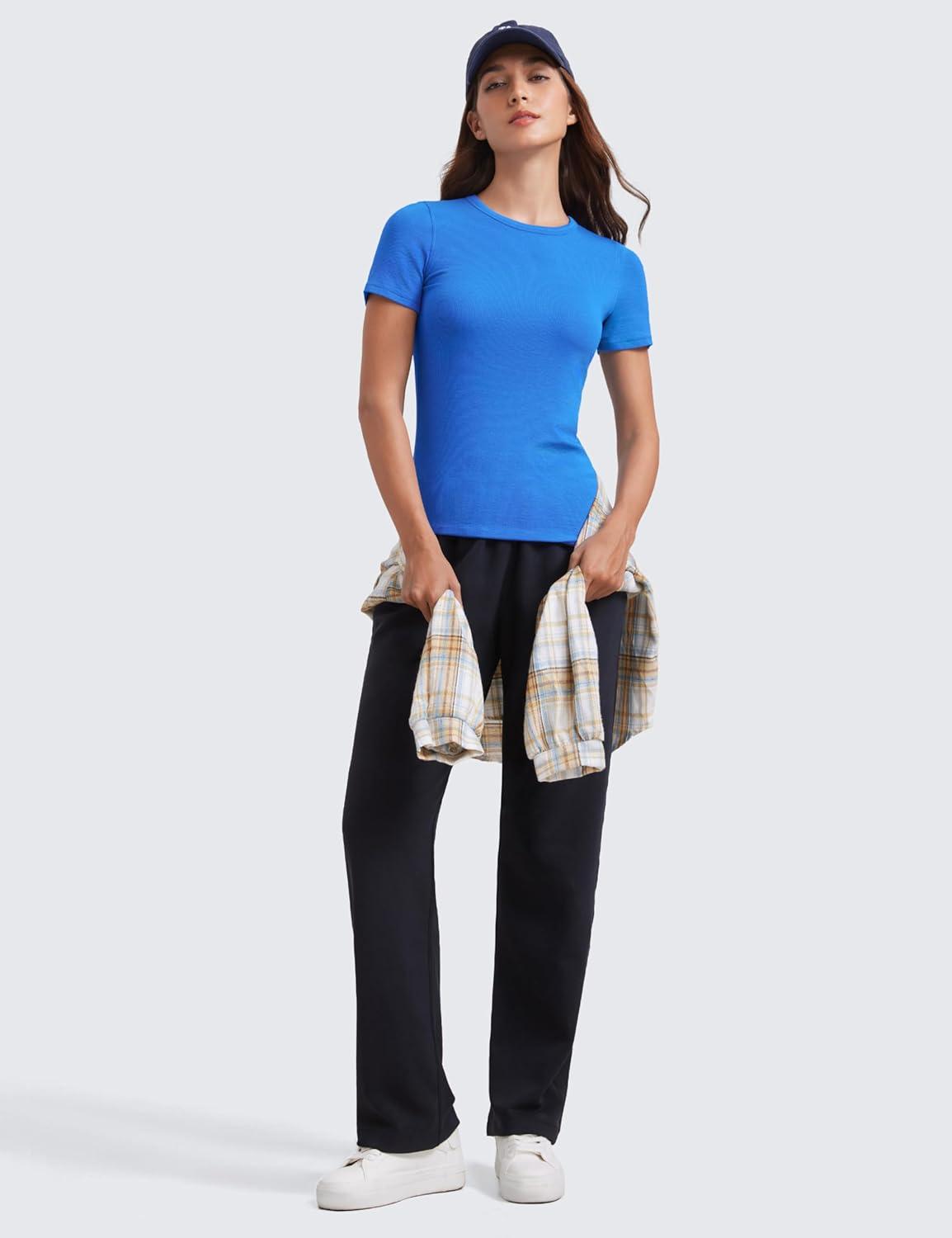 imageCRZ YOGA Womens Ribbed Modal Casual Short Sleeve Crew Neck Basic Shirts Going Out Soft Fitted Stretchy Athletic Workout TopsSparkle Blue