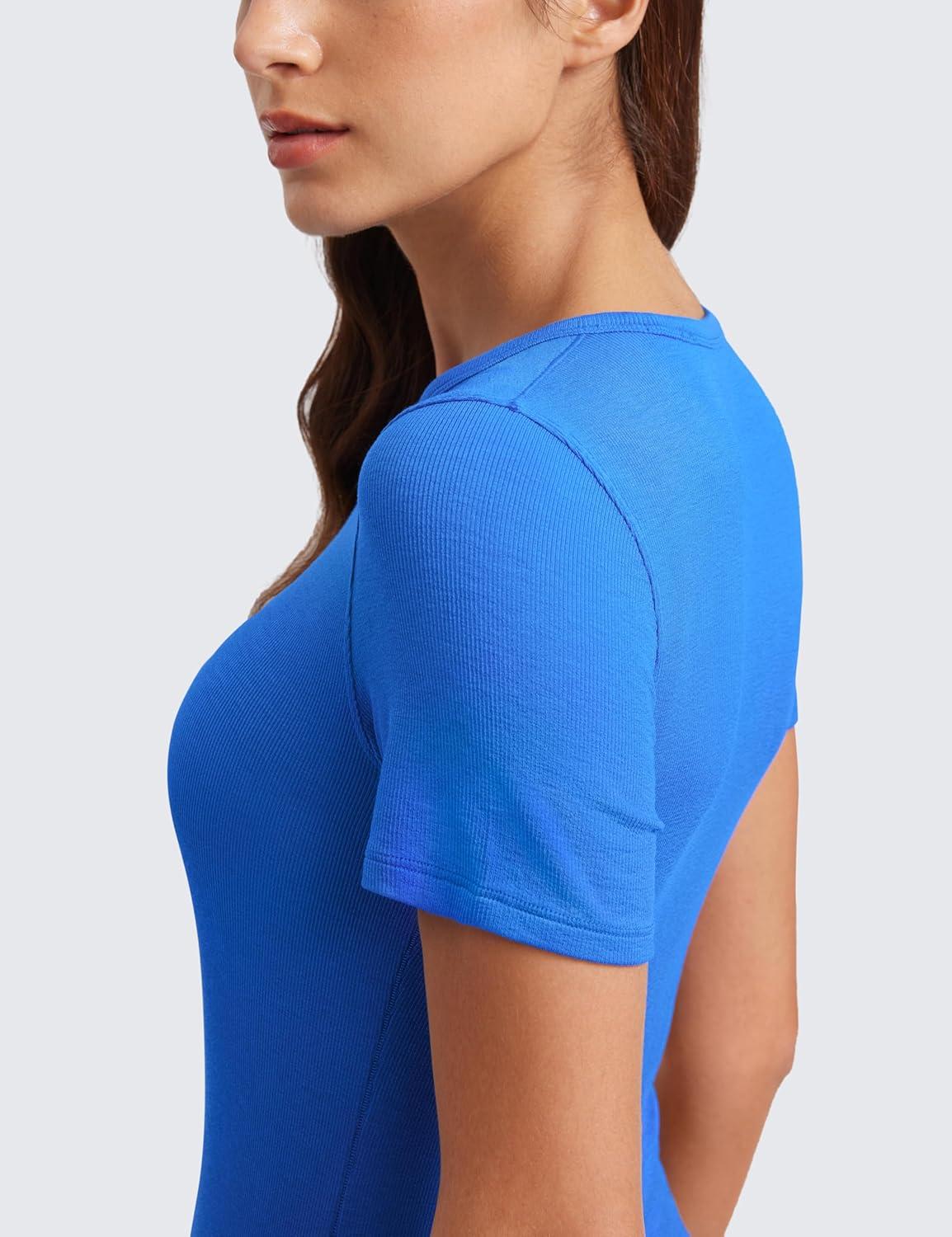 imageCRZ YOGA Womens Ribbed Modal Casual Short Sleeve Crew Neck Basic Shirts Going Out Soft Fitted Stretchy Athletic Workout TopsSparkle Blue