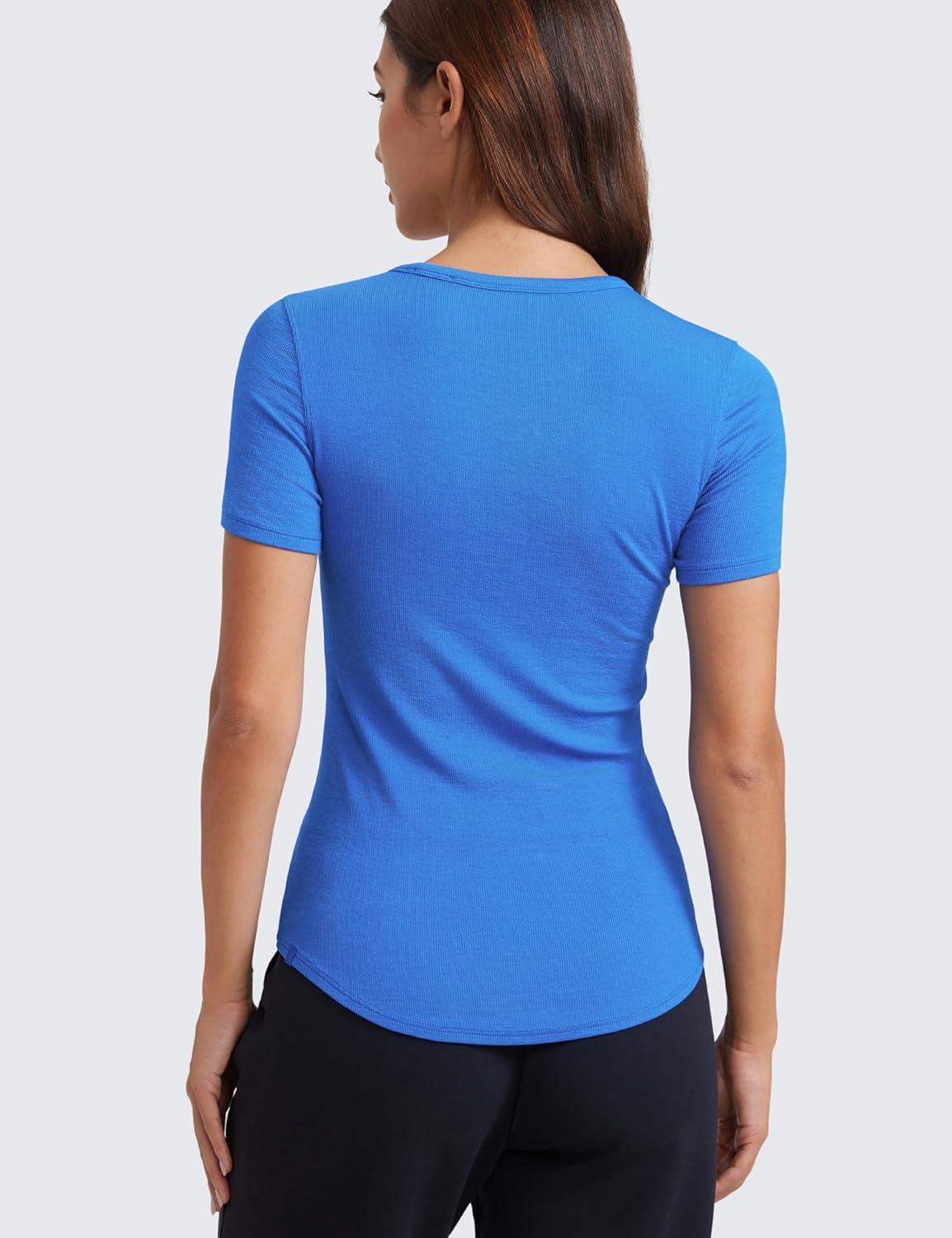 imageCRZ YOGA Womens Ribbed Modal Casual Short Sleeve Crew Neck Basic Shirts Going Out Soft Fitted Stretchy Athletic Workout TopsSparkle Blue