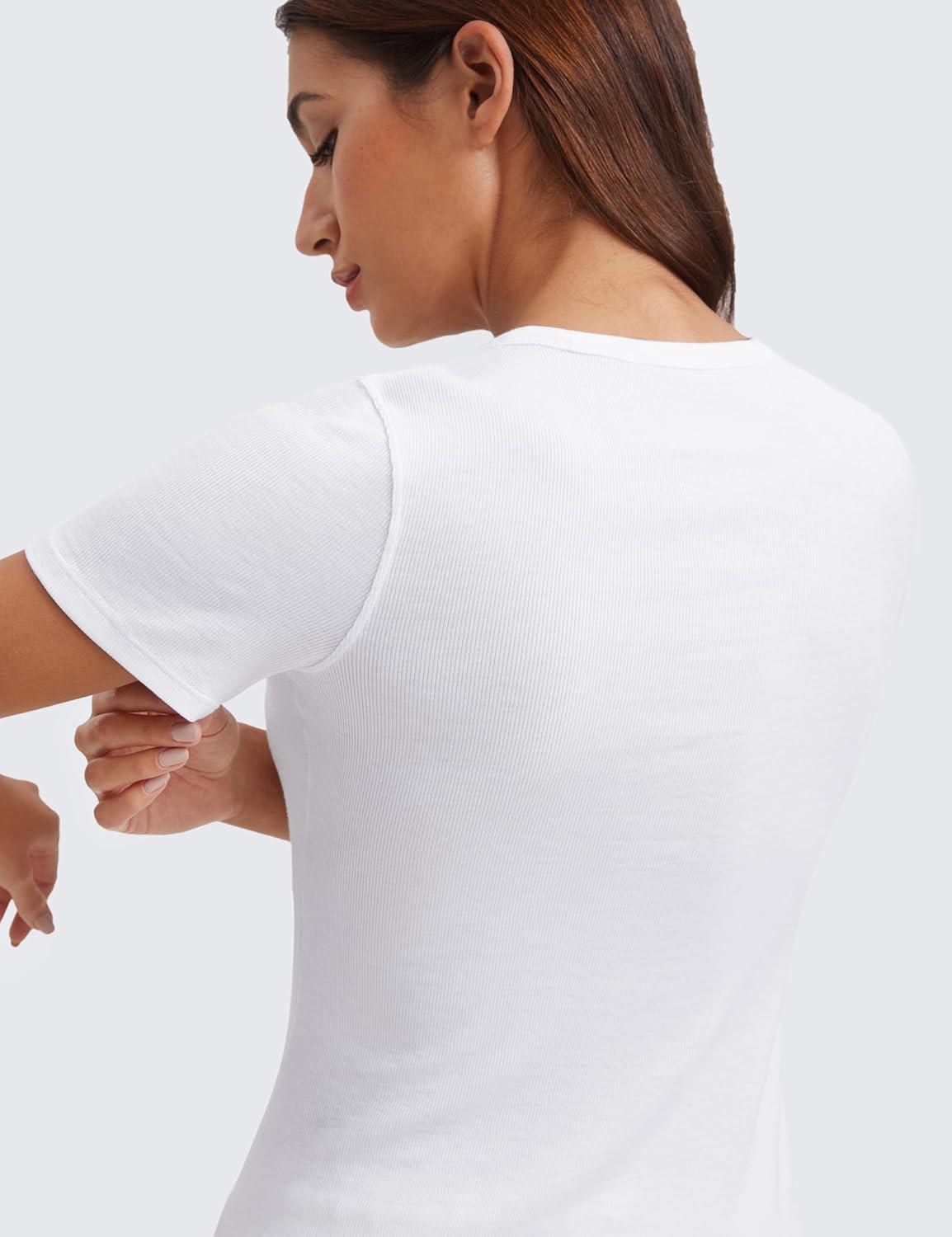 imageCRZ YOGA Womens Ribbed Modal Casual Short Sleeve Crew Neck Basic Shirts Going Out Soft Fitted Stretchy Athletic Workout TopsWhite