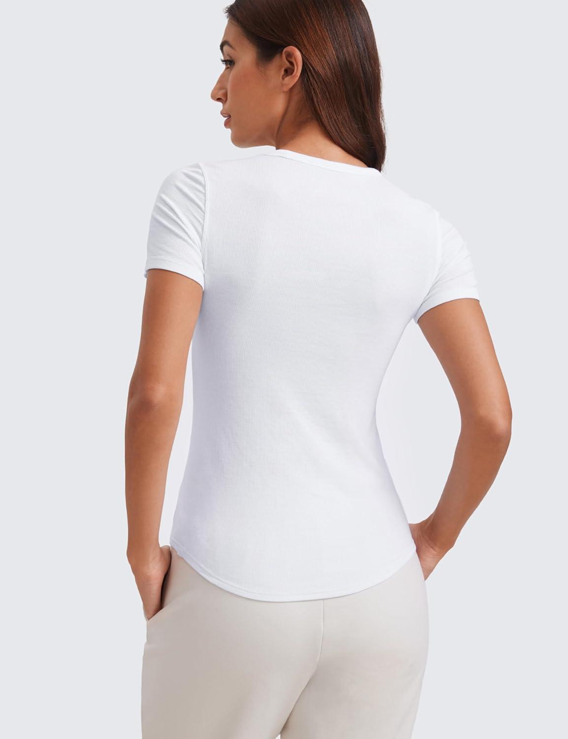 imageCRZ YOGA Womens Ribbed Modal Casual Short Sleeve Crew Neck Basic Shirts Going Out Soft Fitted Stretchy Athletic Workout TopsWhite