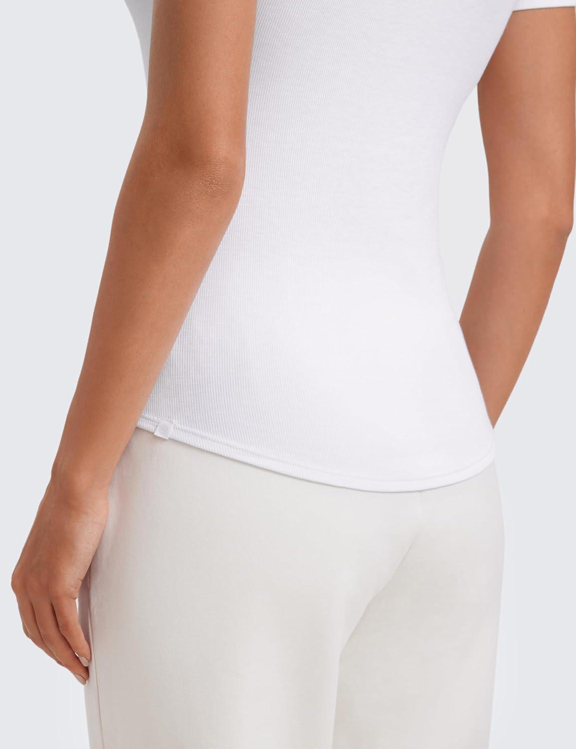 imageCRZ YOGA Womens Ribbed Modal Casual Short Sleeve Crew Neck Basic Shirts Going Out Soft Fitted Stretchy Athletic Workout TopsWhite
