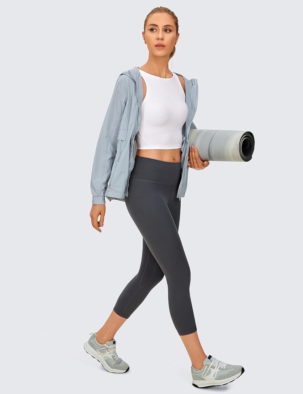 imageCRZ YOGA Womens U Back Sports Bras Padded High Neck Crop Workout Tank TopsWhite