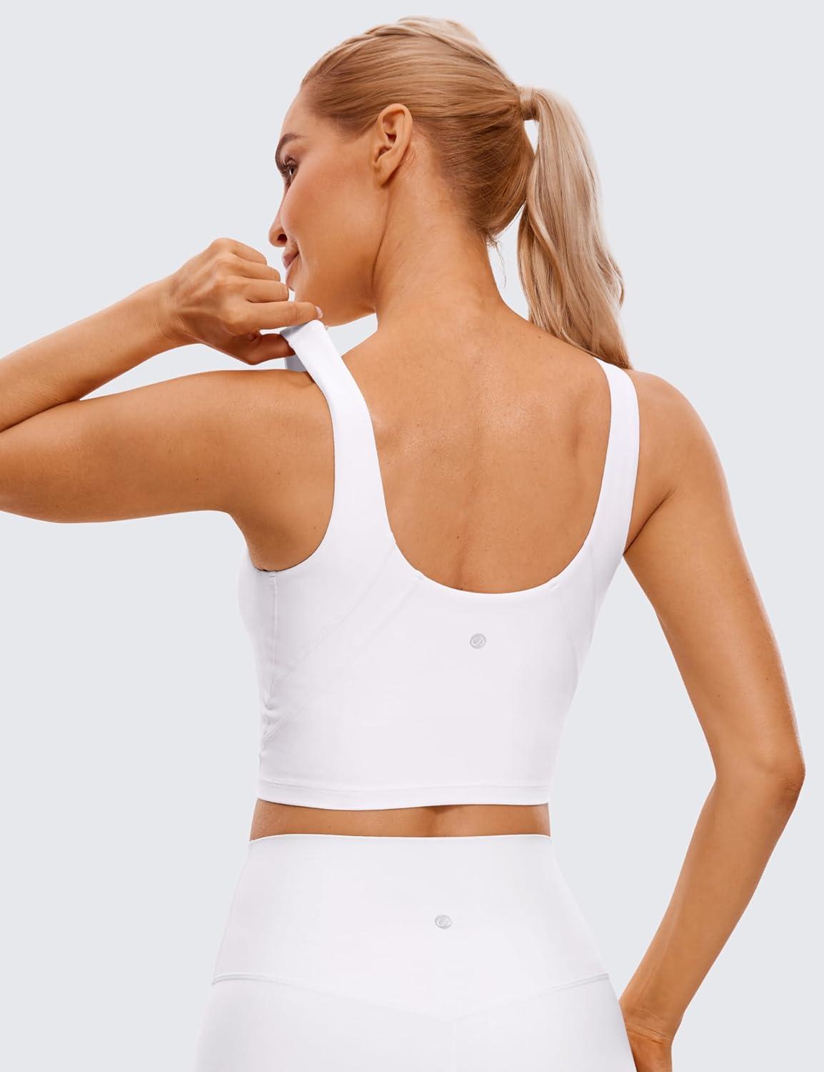 imageCRZ YOGA Womens U Back Sports Bras Padded High Neck Crop Workout Tank TopsWhite