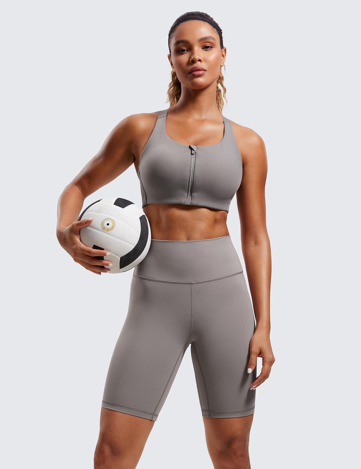 imageCRZ YOGA Womens Zip Front High Impact Sports Bra Molded Cup Adjustable Convertible Straps Wireless Workout Yoga Crop TopDeep Gray