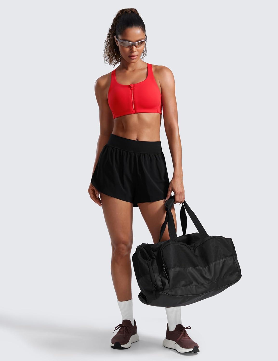 imageCRZ YOGA Womens Zip Front High Impact Sports Bra Molded Cup Adjustable Convertible Straps Wireless Workout Yoga Crop TopDeep Red