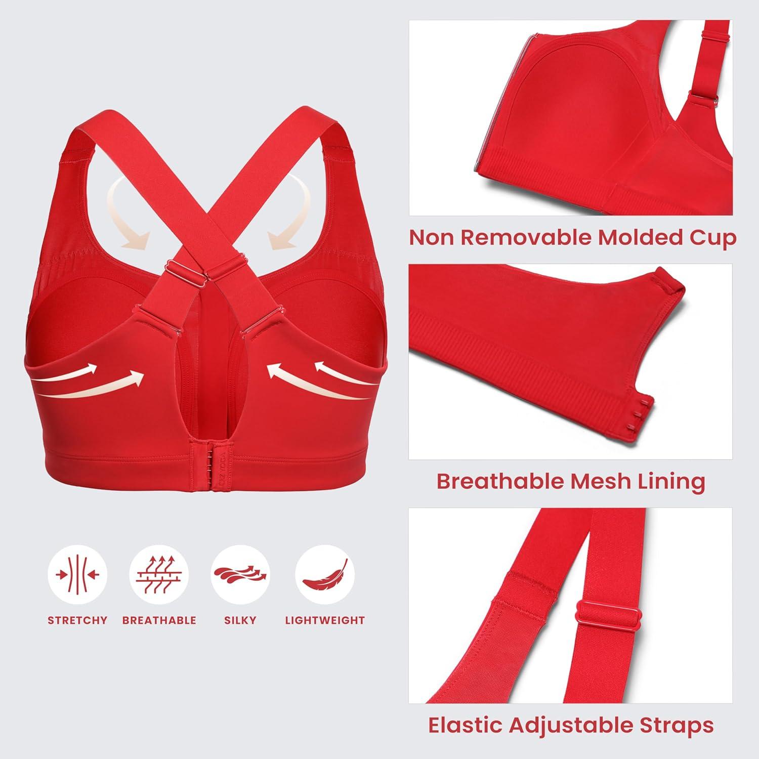 imageCRZ YOGA Womens Zip Front High Impact Sports Bra Molded Cup Adjustable Convertible Straps Wireless Workout Yoga Crop TopDeep Red
