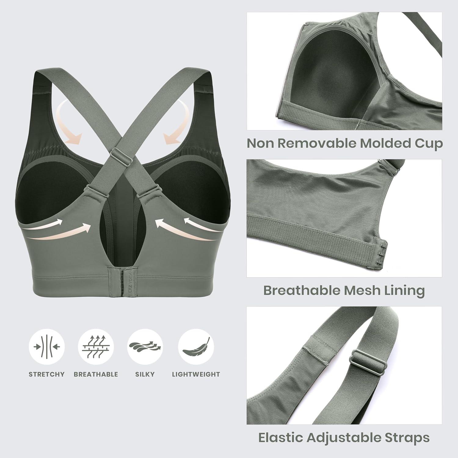 imageCRZ YOGA Womens Zip Front High Impact Sports Bra Molded Cup Adjustable Convertible Straps Wireless Workout Yoga Crop TopGrey Sage