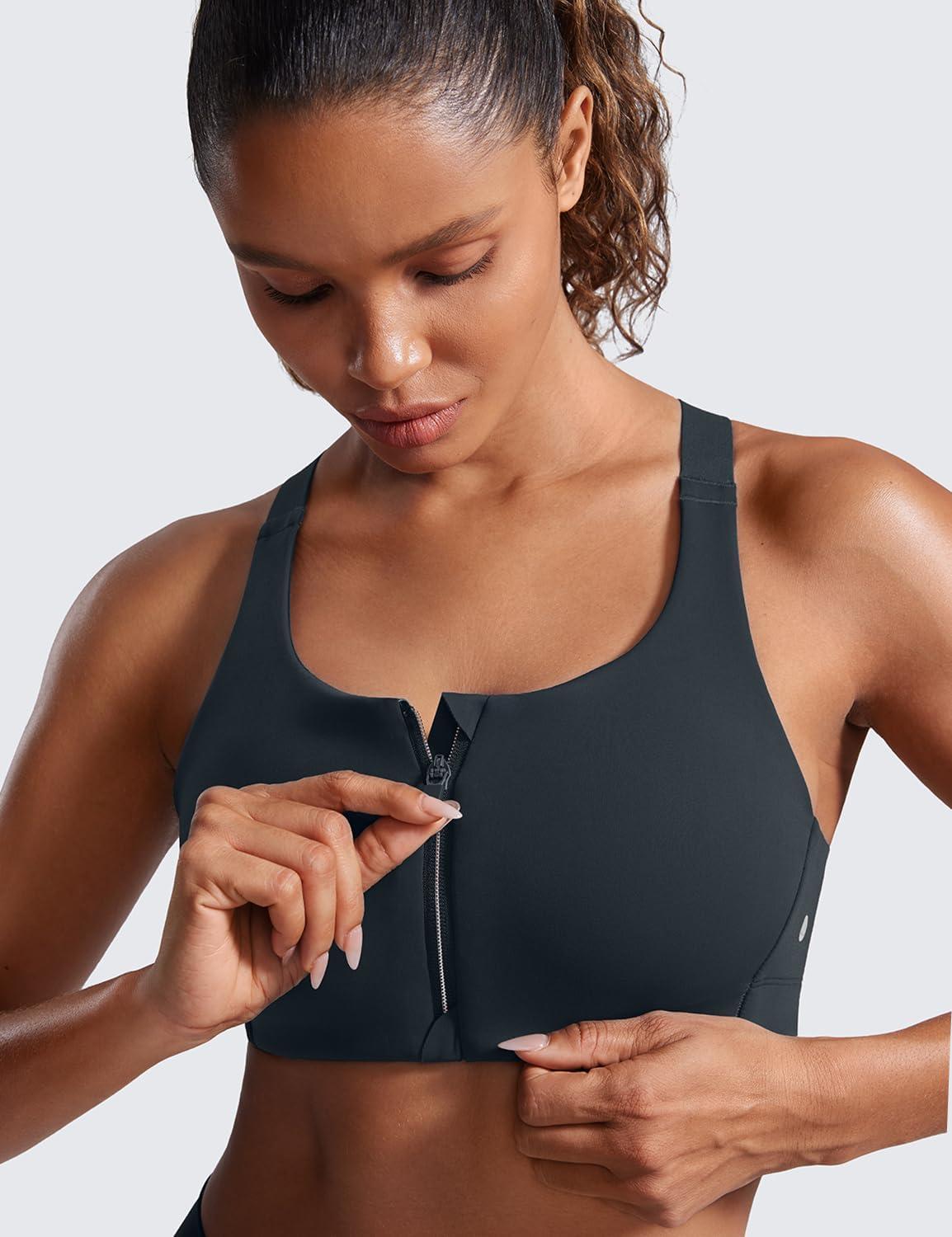 imageCRZ YOGA Womens Zip Front High Impact Sports Bra Molded Cup Adjustable Convertible Straps Wireless Workout Yoga Crop TopTrue Navy