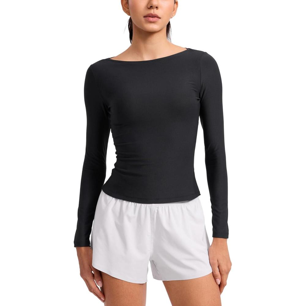 imageCRZ YOAG Cloudweight Boat Neck Shirts for Women Workout Athletic Gym Casual Long Sleeve Tops Soft Lightweight TShirtBlack