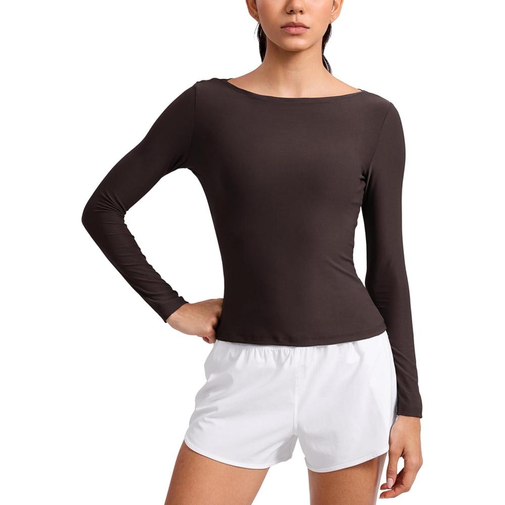 imageCRZ YOAG Cloudweight Boat Neck Shirts for Women Workout Athletic Gym Casual Long Sleeve Tops Soft Lightweight TShirtHot Fudge Brown