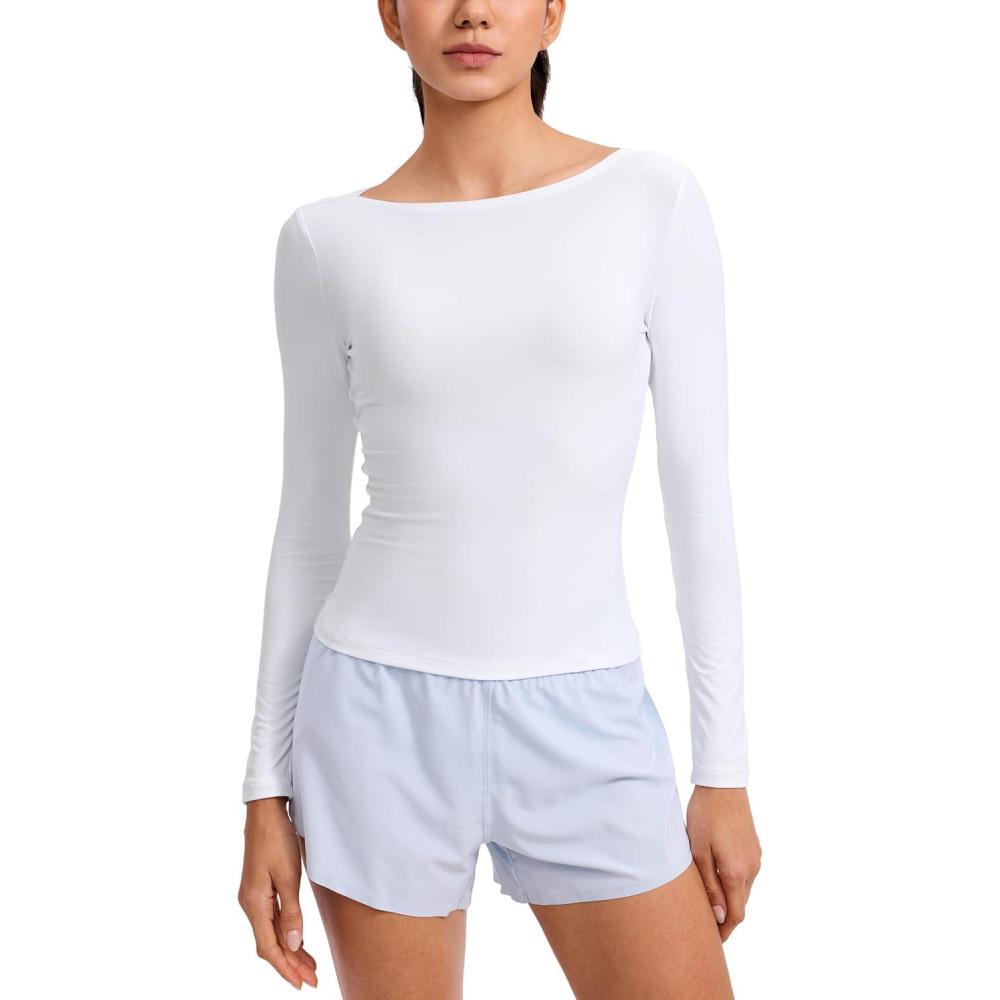 imageCRZ YOAG Cloudweight Boat Neck Shirts for Women Workout Athletic Gym Casual Long Sleeve Tops Soft Lightweight TShirtWhite