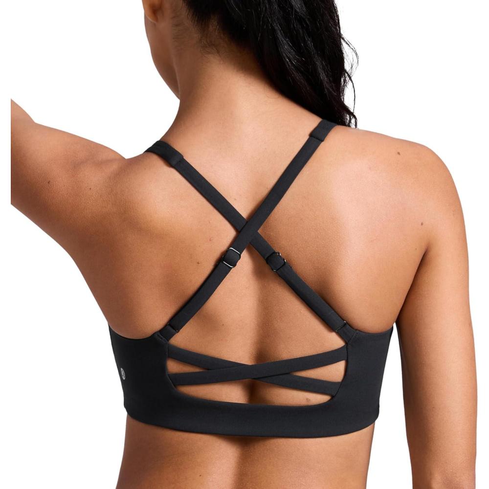 imageCRZ YOGA Butterlift Cross Back Sports Bras for Women Scoop Neck Adjustable Straps Wireless Padded Pilates Workout TopBlack