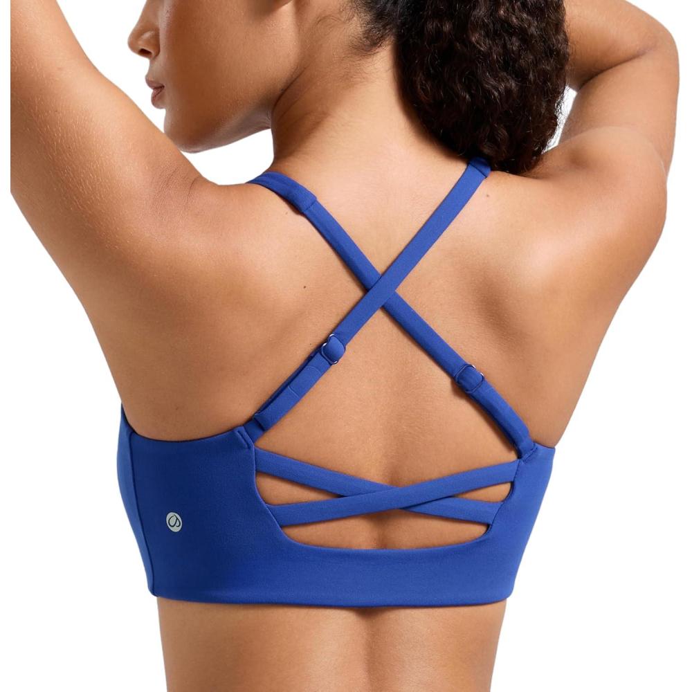 imageCRZ YOGA Butterlift Cross Back Sports Bras for Women Scoop Neck Adjustable Straps Wireless Padded Pilates Workout TopWaves Blue