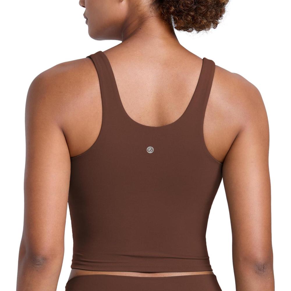 imageCRZ YOGA Butterlift Racerack Crop Tank Tops for Women U Neck Yoga Padded Longline Sports Bras Pilates WorkoutCoffee Brown