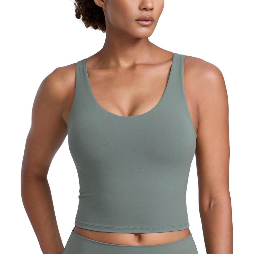 imageCRZ YOGA Butterlift Racerack Crop Tank Tops for Women U Neck Yoga Padded Longline Sports Bras Pilates WorkoutGrey Sage